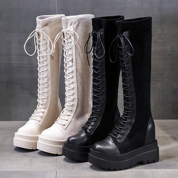 

rock shoes woman women boots over knee booties ladies lace up round toe boots-women over-the-knee leather 2020 autumn high heel, Black