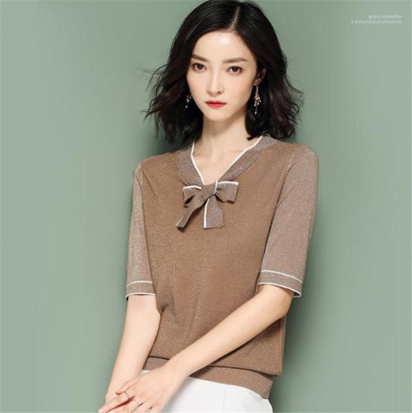 

короткие рукава ol женские вязаные контраст цвет bowknot женщин топы лето relaxed дамы тис v шеи яркий шелковый слим, White