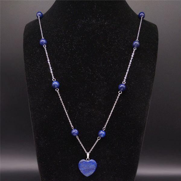 

pendant necklaces 2021 heart stainless steel natural stone long chain necklace for women blue color beads jewelry joyeria ng88s04, Silver