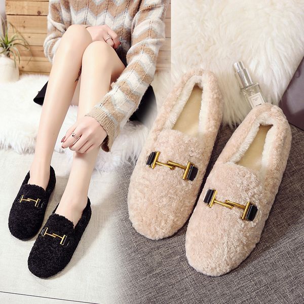 

2020 autumn and winter new all-match women's shoes fashion casual flat shoes plush peas plus velvet large size 35-44, Black