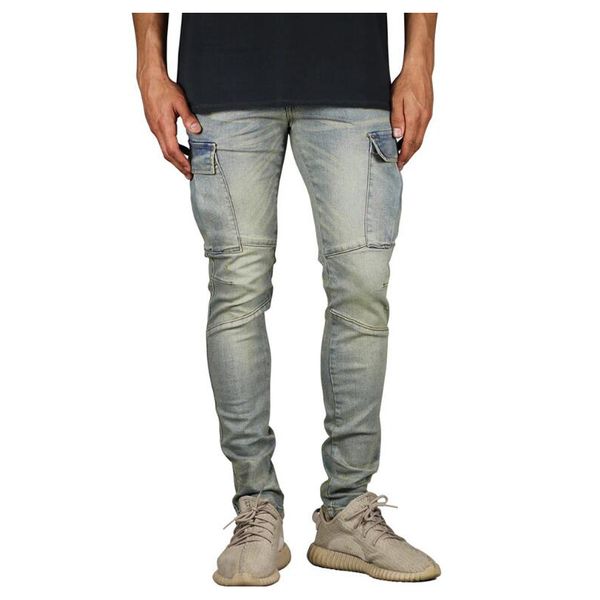 

men's jeans pure cotton multi pockets cargo stretch skinny, Blue