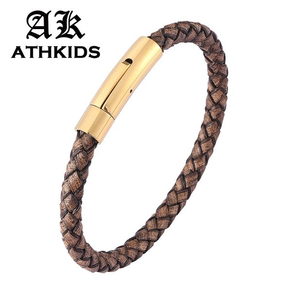 

charm bracelets trendy antique brown leather braided bracelet men women s.steel clasp simple bangles wrist band gift pd0462, Golden;silver