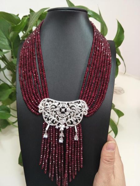 

sell new natural 9 rows 2x4mm red stone micro inlay zircon pendant tassel necklace fashion jewelry, Silver