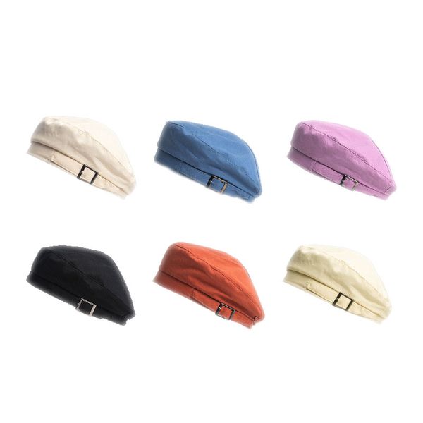 

summer solid color retro beret hat with buckle women's british beret hat, Blue;gray