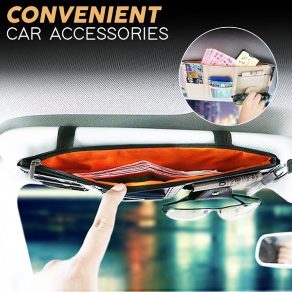 

3 color car sun visor zipper storage holder pen card bill glasses storage bag durable pu leather sunglasses clip car accessories