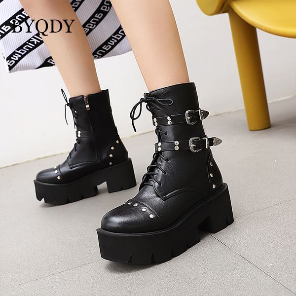 

byqdy winter autumn chic cow leather ankle boots women metal round toe rivet chunky heel boots woman fashion motorcycle, Black