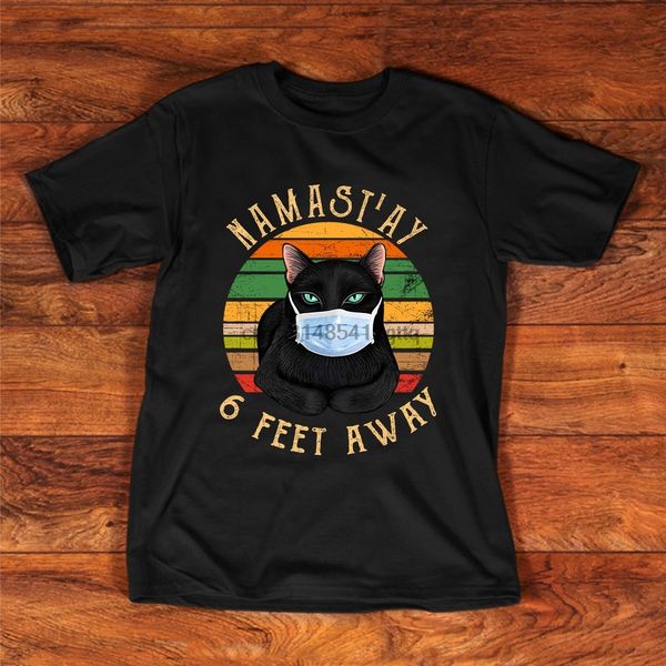 

vintage namastay 6 feet away funny yoga quarantine black cat t shirt