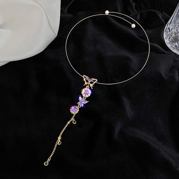 

quality korean elegant metal round chain choker jewelry for women girls fashion purple crystal butterfly necklace bijoux