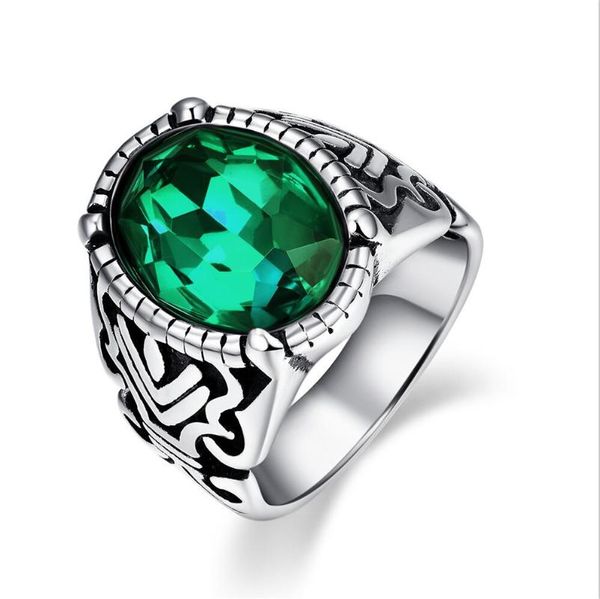

cluster rings retro carved men's ring stainless steel inlaid with blue green red color crystal glass stone wedding anniversary band, Golden;silver
