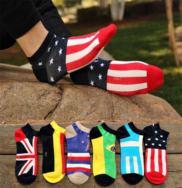 

men's socks 6 color cotton casual country flag splice breathable sweat deodorant ankle boat antislip 6pair 1 lot, Black