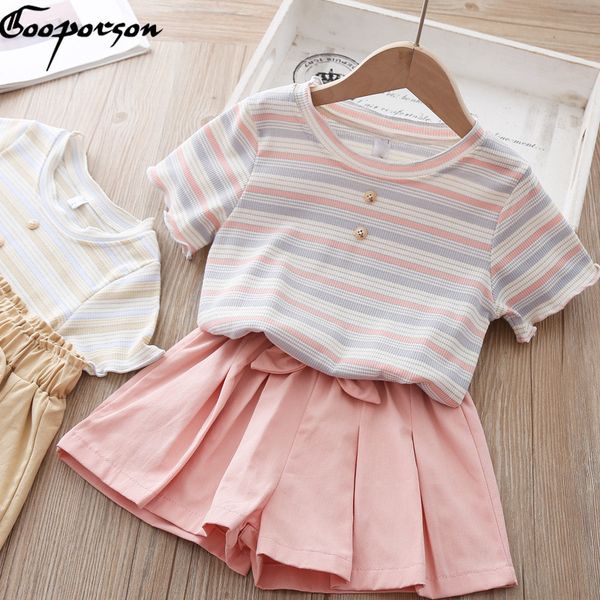 

gooporson children clothes stripes shirt&bow culottes toddler girls clothing set summer outfits fashion little kids costume, White