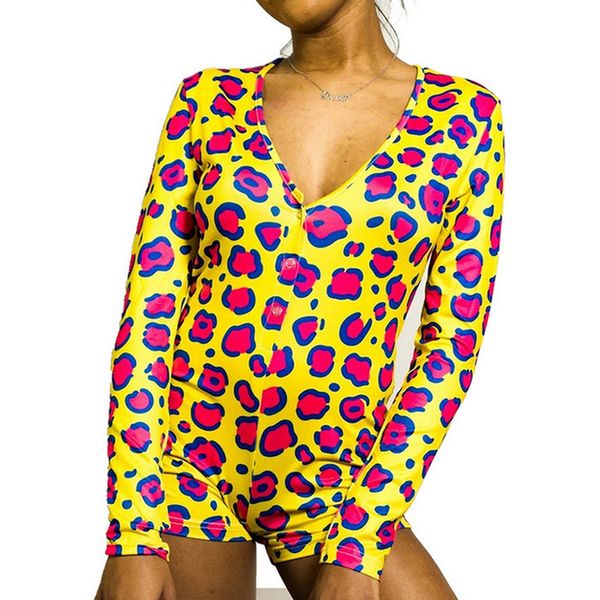 Damen-Pyjama-Overall, Nachtwäsche, modisches Blumenmuster, langärmelig, V-Ausschnitt, figurbetont, Bodysuit, Strampler, Shorts, Hosen, Overalls