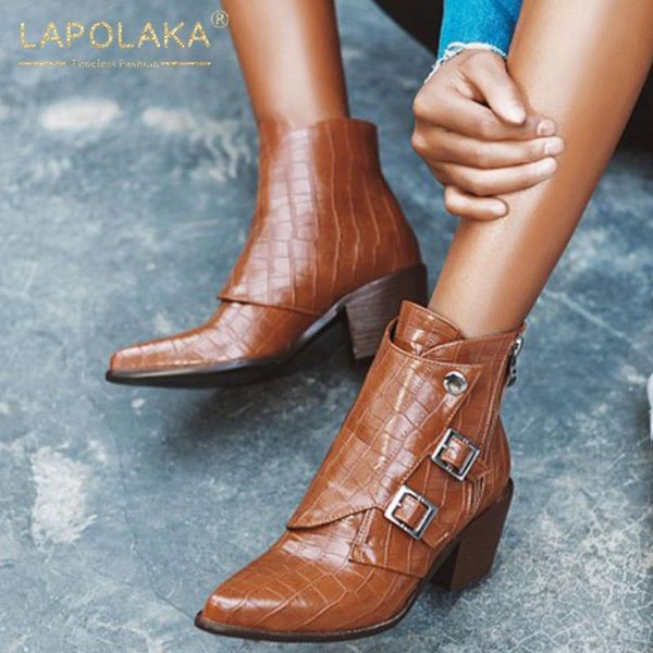 

2020 plus size 48 square heels pointed toe buckles ankle boot winter shoes woman boots, Black