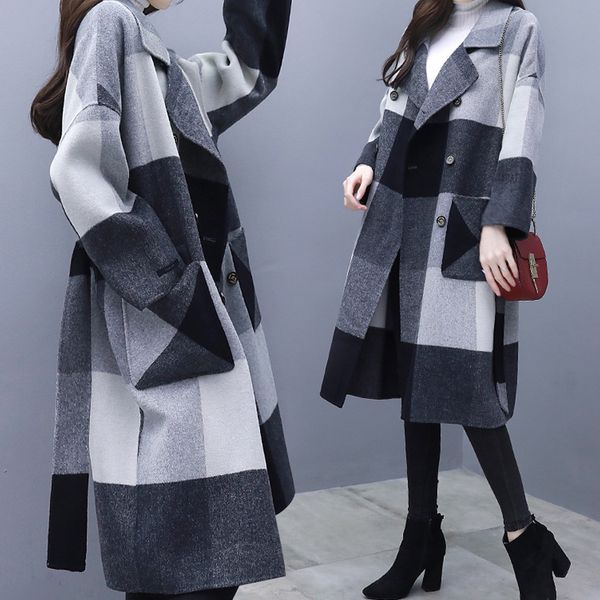 

woman woolen 2020 new korean fashion woolen coats female spring autumn contrast mid-length elegant womans woolen trench jacket, Black