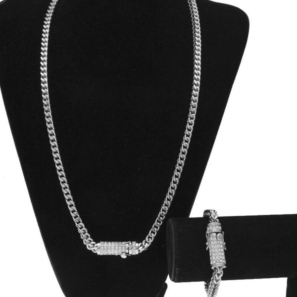 

chains hip hop stainless steel necklace bracelet set out men's micro pave zircon crystal jewelry, Silver