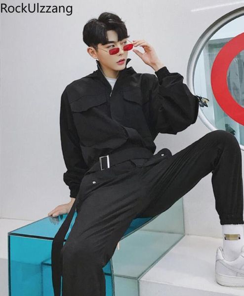 

zip up belt pocket camo black long sleeve hooded long jumpsuit men streetwear japanese hip hop jogger pant romper overalls