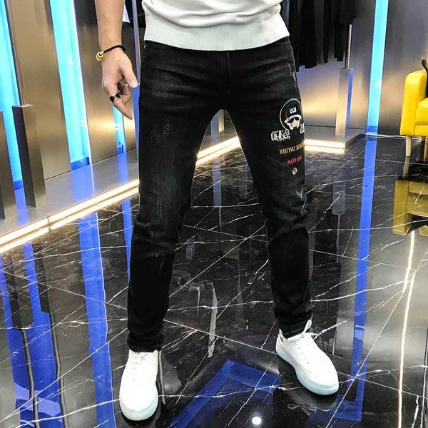 

2020 autumn new men's jeans fashion brand slim elastic leggings personalized embroidery sequins handsome black trousers men, Blue