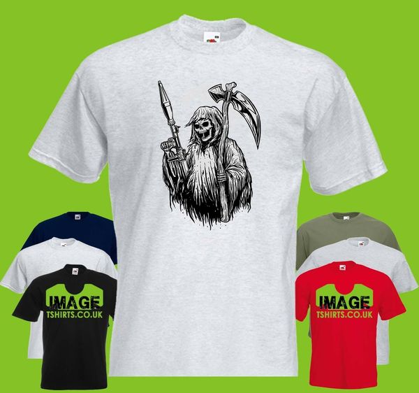 

grim mens printed t-shirt reaper scythe skull rocket launcher weapon