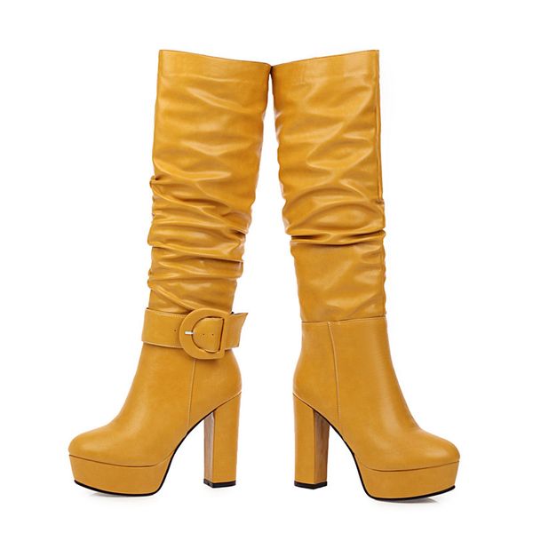 

plus size 46 knee high boots women winter soft pu leather fashion buckle high heels woman shoes long riding boots blue white, Black