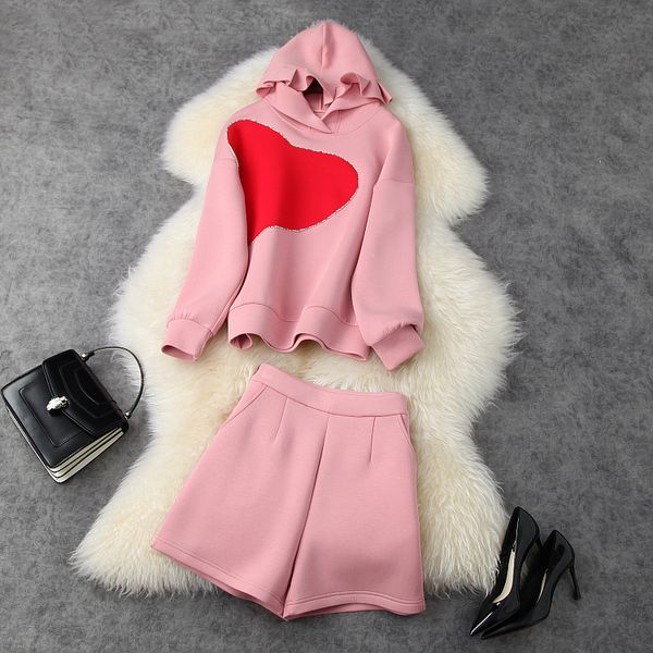 

european and american women's wear 2020 winter new style long sleeve hooded bead heart hoodie shorts fashion suits, White
