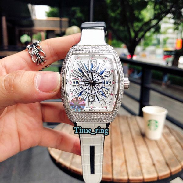 

k edition v45 sc dt white date dial silver diamond case japan miyota automatic movement mens watch white leather strap sport watches, Slivery;brown