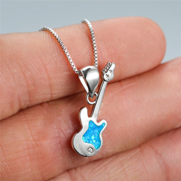 

pendant necklaces unique female blue opal necklace classic silver color chain for women vintage music guitar wedding