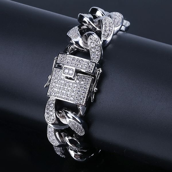 

18mm big heavy hip hop + cz zircon paved bling out cuban miami curb link chain bracelets for men rapper jewelry gold, Black
