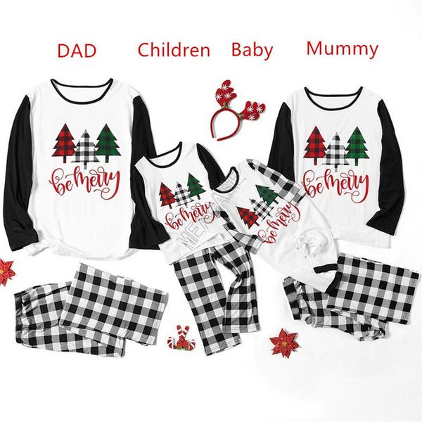 

family christmas pajamas 2 piece set xmas tree hoodie blouse t-shirt plaid pants baby kids parent cotton sleepwear matching suit d91607, White