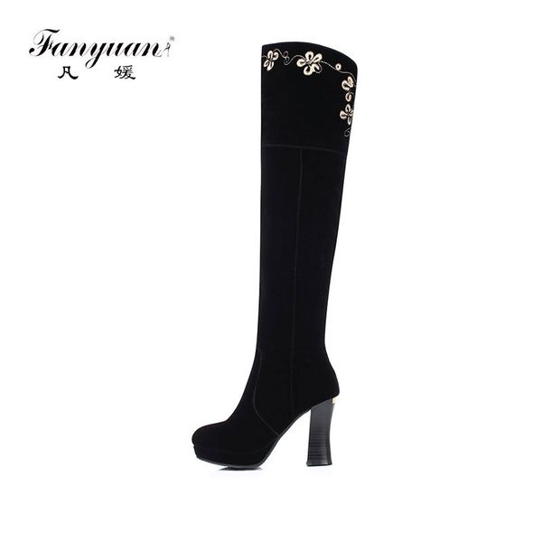 

fanyuan embroidery flock women knee high boots 2020 winter new long motorcycle booties flats dress shoes woman big siz, Black