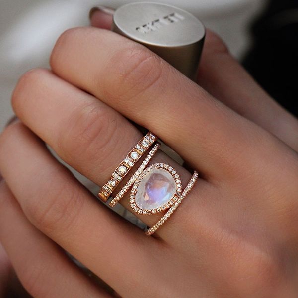 

ladies fashion rose gold double ring jewelry women's beautiful wedding party crystal jewelry ring engagement wedding accessories, Golden;silver