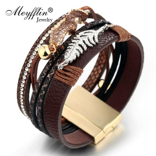 

meyfflin women width magnetic bracelet jewelry fashion punk crystal leaf multilayer leather wrap bracelets & bangles men bijoux, Black