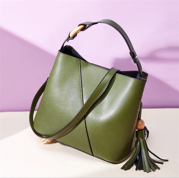 

bags women new cowhide handbags bucket bag all-match european and american style handbags simple tassel single shoulder ladies bag 2020