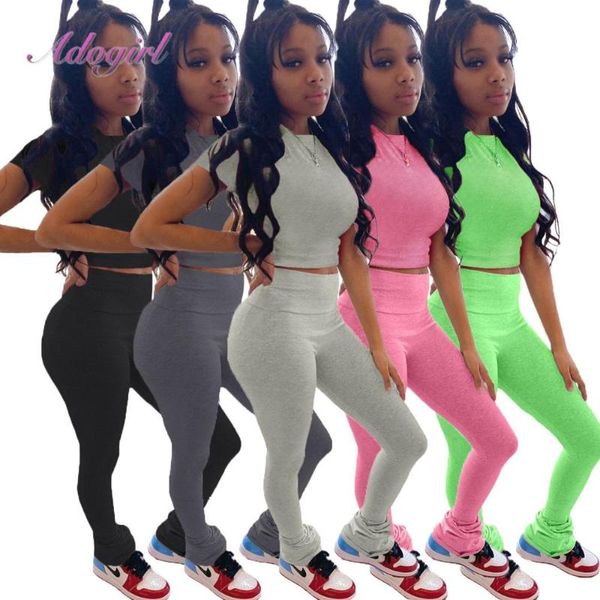 

women active sportwear two piece sets solid short sleeve crop t-shirt joggers sweatpant suit outfit tracksuit matching set, Gray