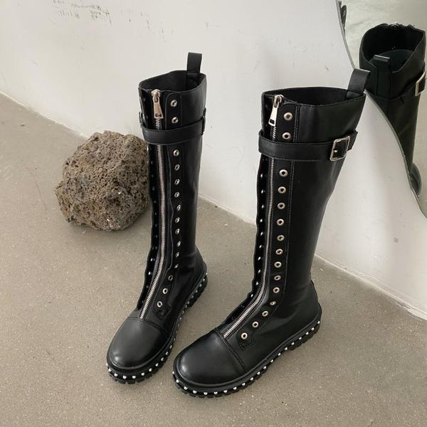 

woman flat boots rivets zipper shoes thigh high heels high luxury designer low rock rubber over-the-knee fashion, Black