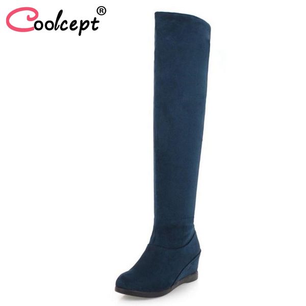 

coolcept women thigh high boots winter warm fur woman's shoes inside heels boots woman wedge fashion footwear size 34-43, Black