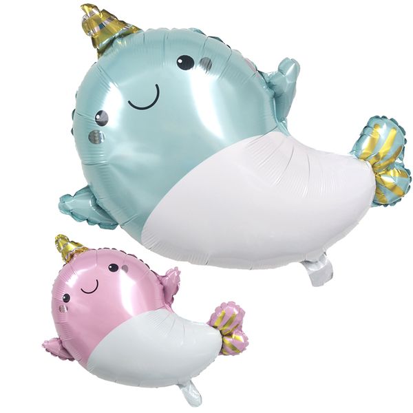 

1pc cartoon narwhal foil balloon birthday party decoration cute pearlescent blue whale baby shower wedding balloon suppli