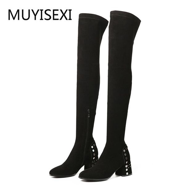 

elastic knee boots black flock thigh high boots women 5cm square heels women thigh knee high rivet mei07 muyisexi