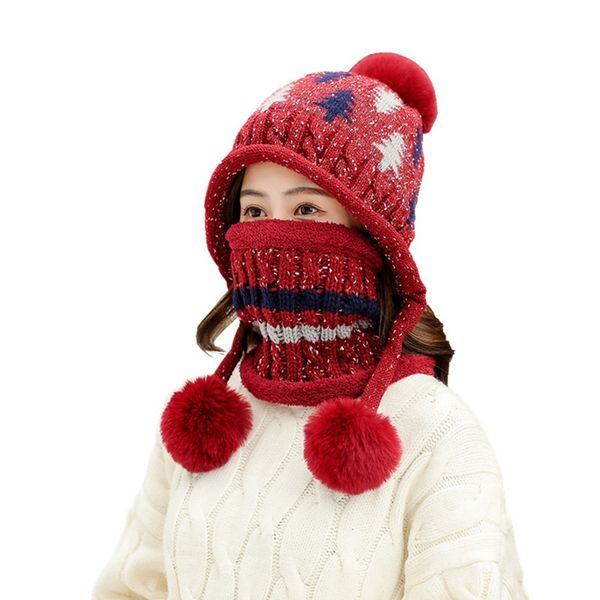 

new thick warm winter hat big fur poms ball knitted hats scarf set women beanie thick skullies female caps, Blue;gray