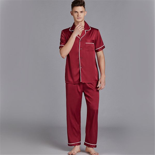 

men's sleepwear pajamas wine red summer short-sleeved trousers suit thin rayon large size home service loose night clothes pijamas homb, Black;brown