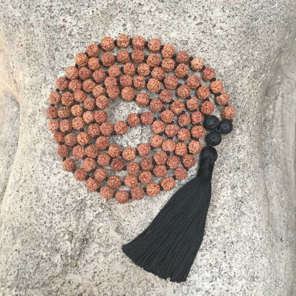 

bodhi prayer beads boho style necklace handmade tassel yoga jewelry rudraksha & lava rock 108 bead hand knotted mala necklace, Silver