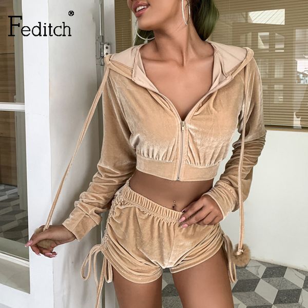 

women's tracksuits feditch hooded two piece set long sleeve crop and shorts elastic waist 2 women femal fashion outfit 2021, Gray