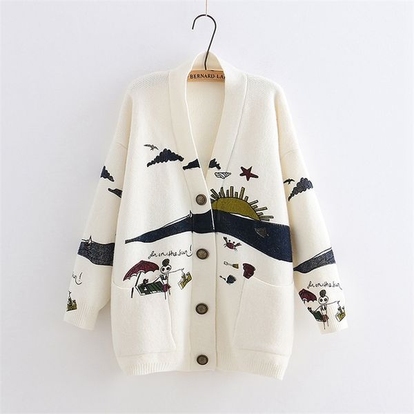 

yoyikamomo spring woman knitting new japanese mori girl v-neck jacquard cardigan sweater winter y200819, White;black