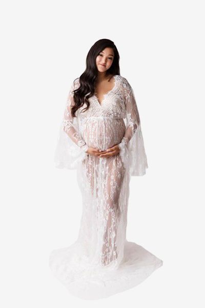 

eyelash lace pregnant women's p dress size ribbon mop dress, White