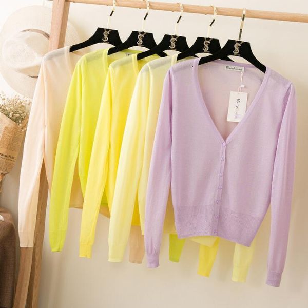 

queechalle 20 colors short cardigan coat summer spring women's v neck ice silk thin coats pink white black yellow green red blue