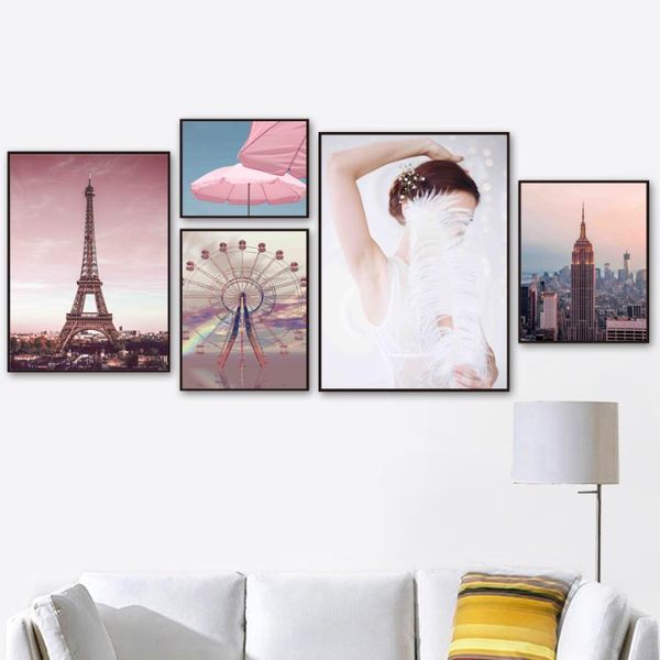 

paintings pink empire state building paris tower wall art canvas painting nordic posters and prints pictures for living room decor