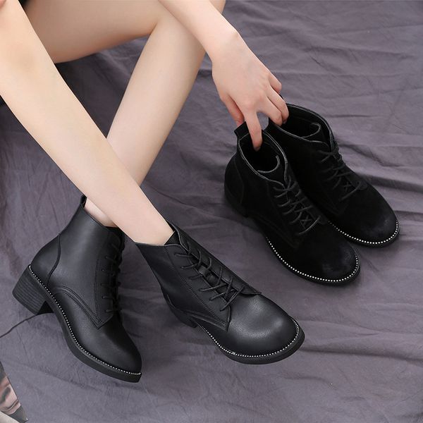 

boots women genuine leather ankle 2021 autumn winter short british wind fleece liner cow motorcycle female, Black
