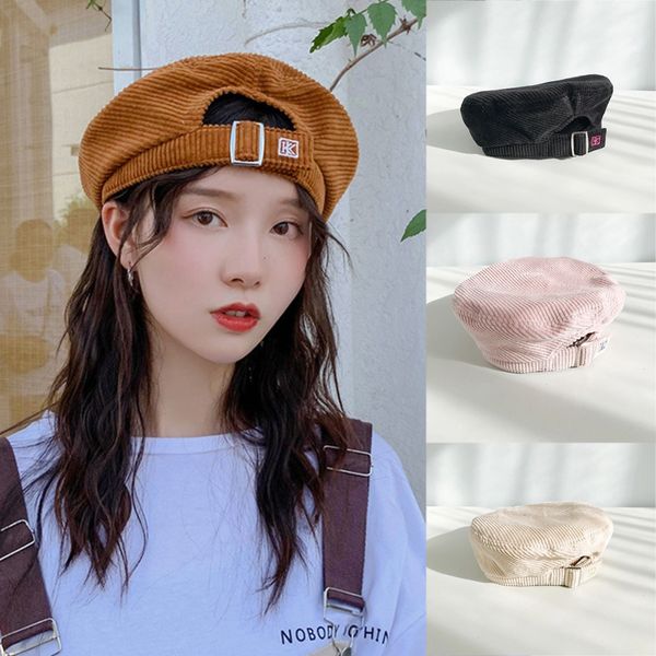 

berets z hat beret embroidered letter female autumn winter fashion harajuku corduroy solid color retro adjustable q, Blue;gray
