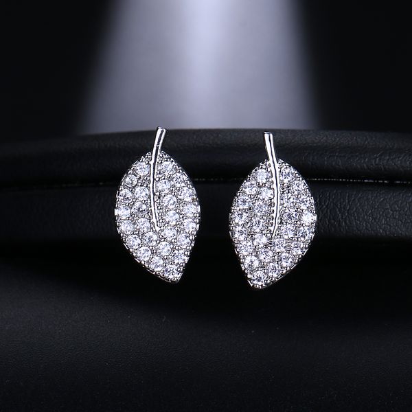 

emmaya delicate small leaf shaped stud earrings cubic zirconia for trendy women girls wedding party gifts, Golden;silver