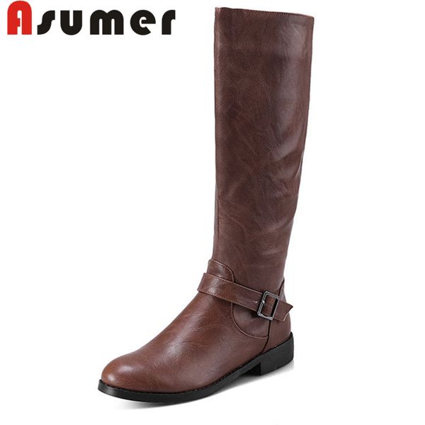 

asumer new 2020 buckle knee high boots for women round toe autumn winter boots zip simple pu fashion, Black
