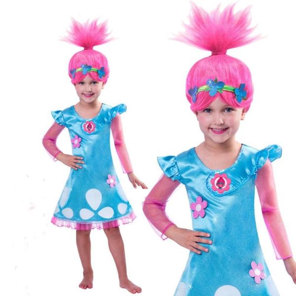 

party hats trolls dress cosplay wig poppy 2021 girls size 100-150 in stock retail